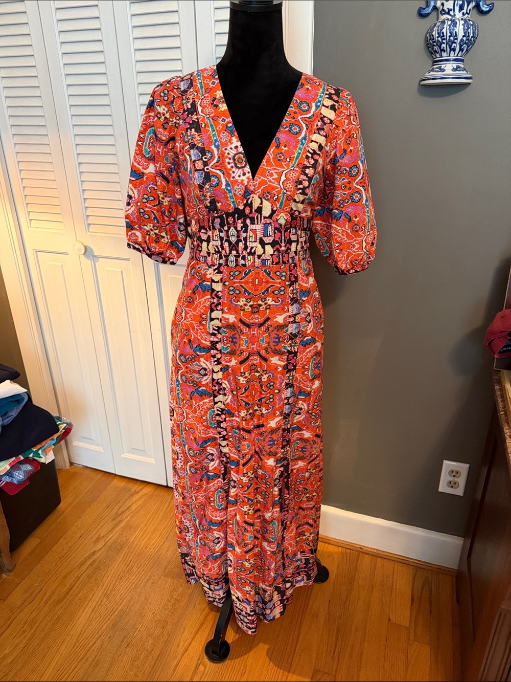Anthropologie Orange Multicolor V-Neck Maxi Dress